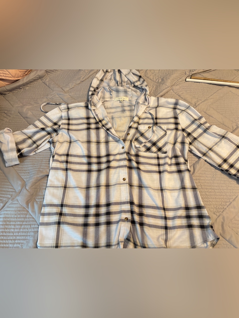 Eden & Olivia Cream and Black Plaid Hooded Button-Up